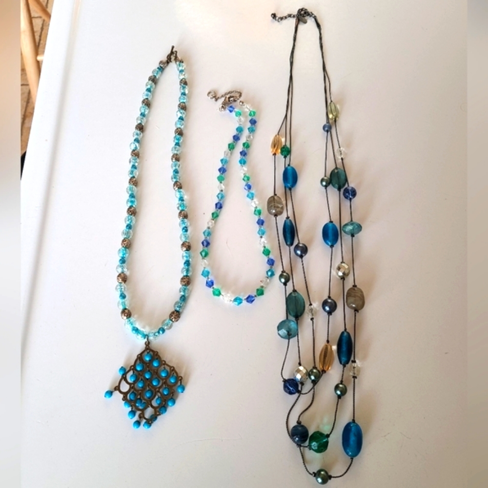 Bundle of 3 Blue Tone Sparkle Sweater Necklaces Jewelry